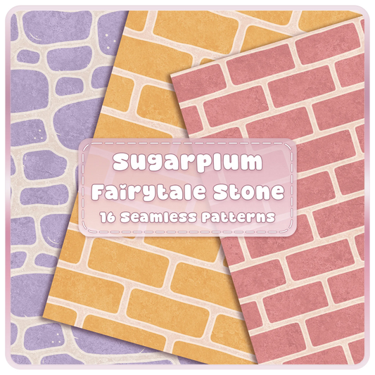 Sugarplum Cottage fairytale stone and brick seamless patterns in pastel pink, yellow and lavender digital papers