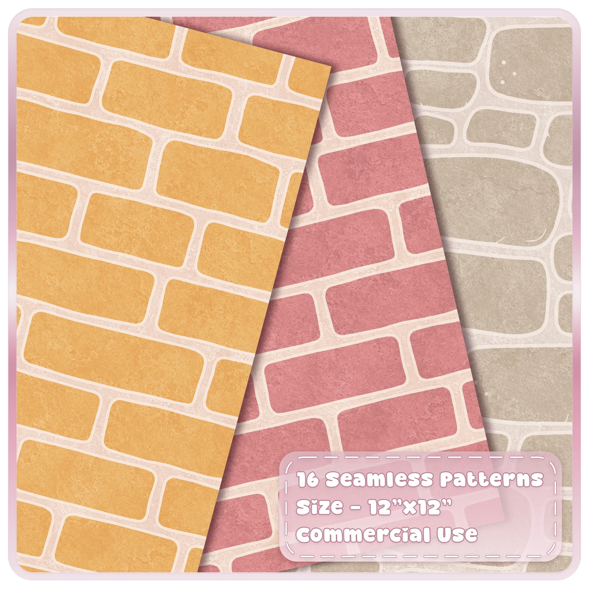 Pastel yellow brick, pink stone and cream fairytale seamless digital papers with soft textured mortar