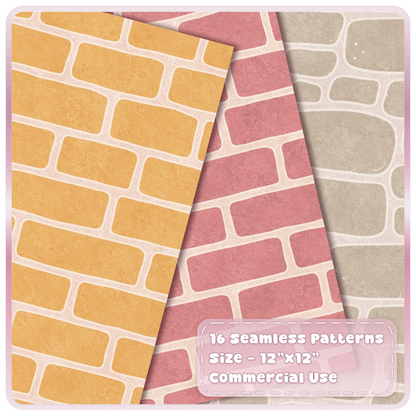 Pastel yellow brick, pink stone and cream fairytale seamless digital papers with soft textured mortar