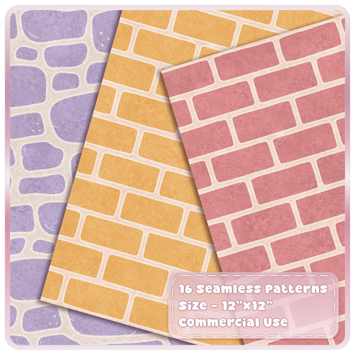 Sugarplum Cottage seamless stone and brick patterns in lavender, yellow and pastel pink storybook colours