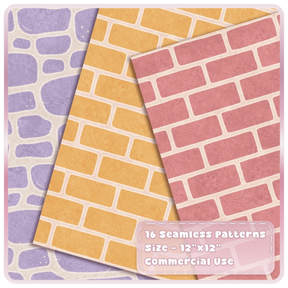 Sugarplum Cottage seamless stone and brick patterns in lavender, yellow and pastel pink storybook colours