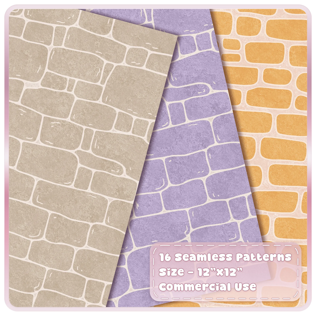 Pastel fairytale stone wall seamless patterns in cream, lavender and yellow with soft textured masonry details