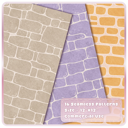 Pastel fairytale stone wall seamless patterns in cream, lavender and yellow with soft textured masonry details