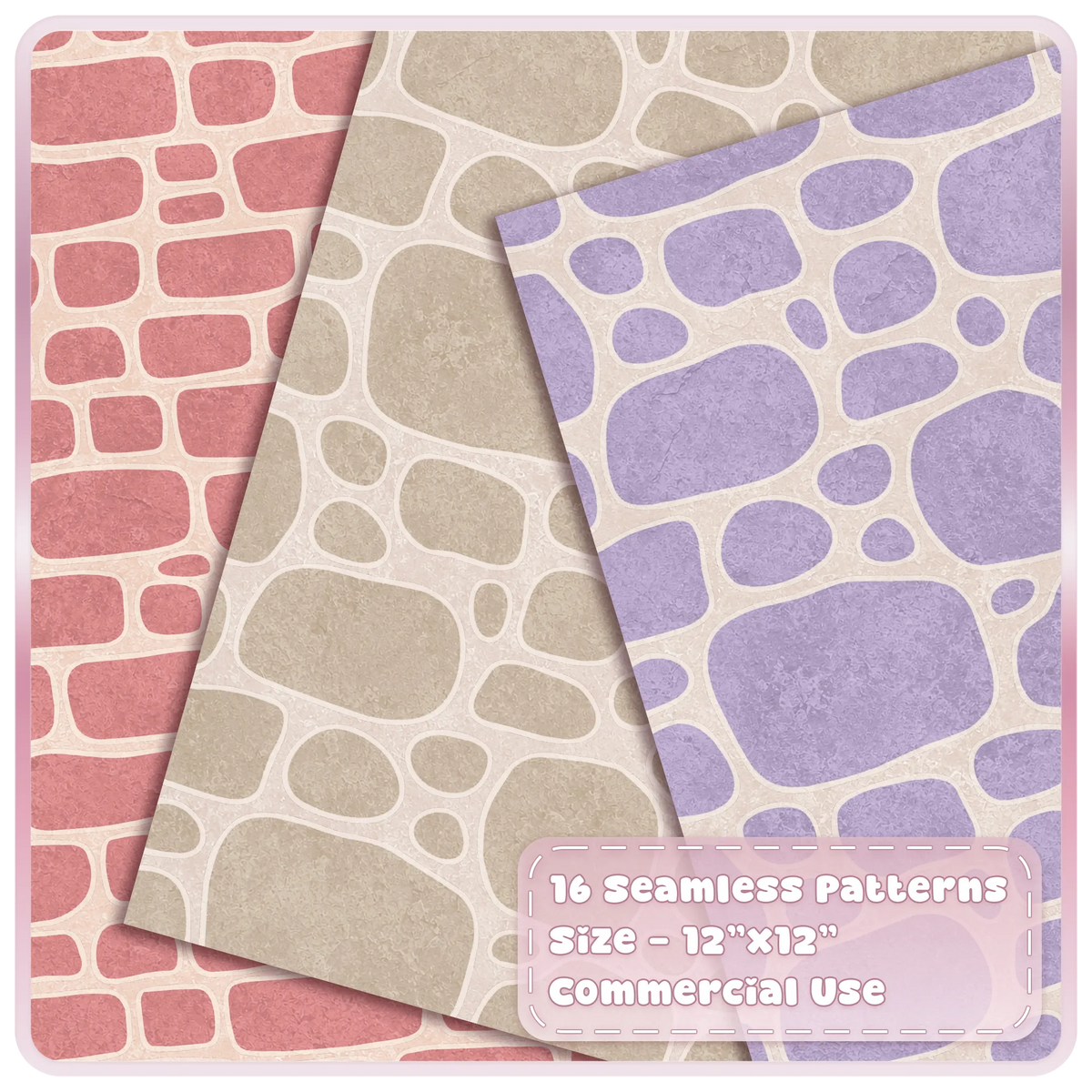 Pink, cream and lavender cobblestone seamless digital papers with rounded fairytale stone patterns