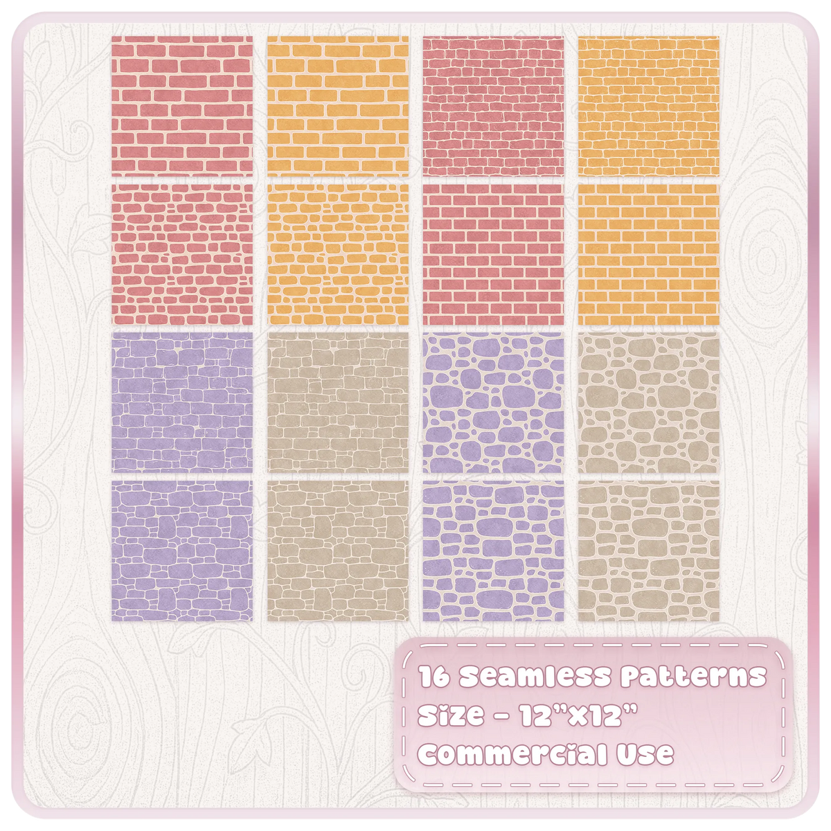 16 Sugarplum Cottage stone and brick seamless patterns in pastel pink, yellow, lavender and cream