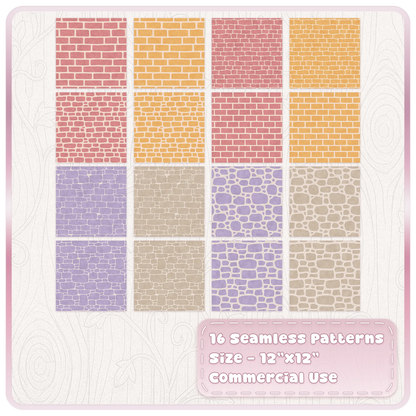 16 Sugarplum Cottage stone and brick seamless patterns in pastel pink, yellow, lavender and cream
