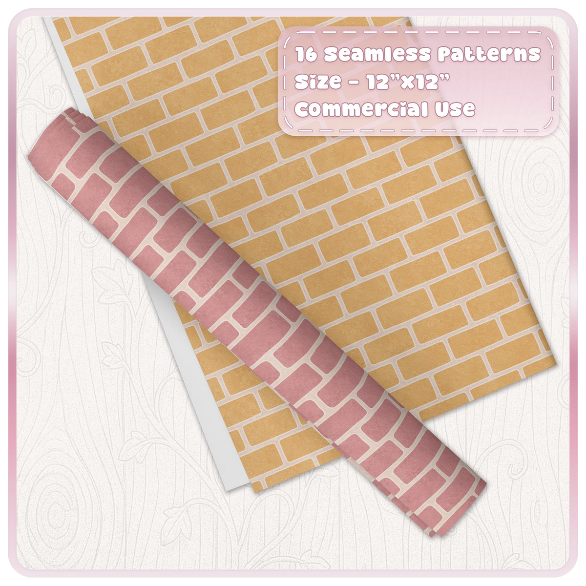 Pastel yellow brick and pink stone seamless digital paper mockup from the Sugarplum Cottage collection