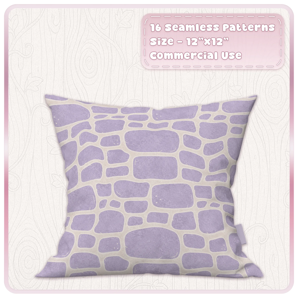 Lavender fairytale stone seamless pattern displayed on cushion with cream mortar and soft cottagecore texture