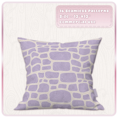 Lavender fairytale stone seamless pattern displayed on cushion with cream mortar and soft cottagecore texture
