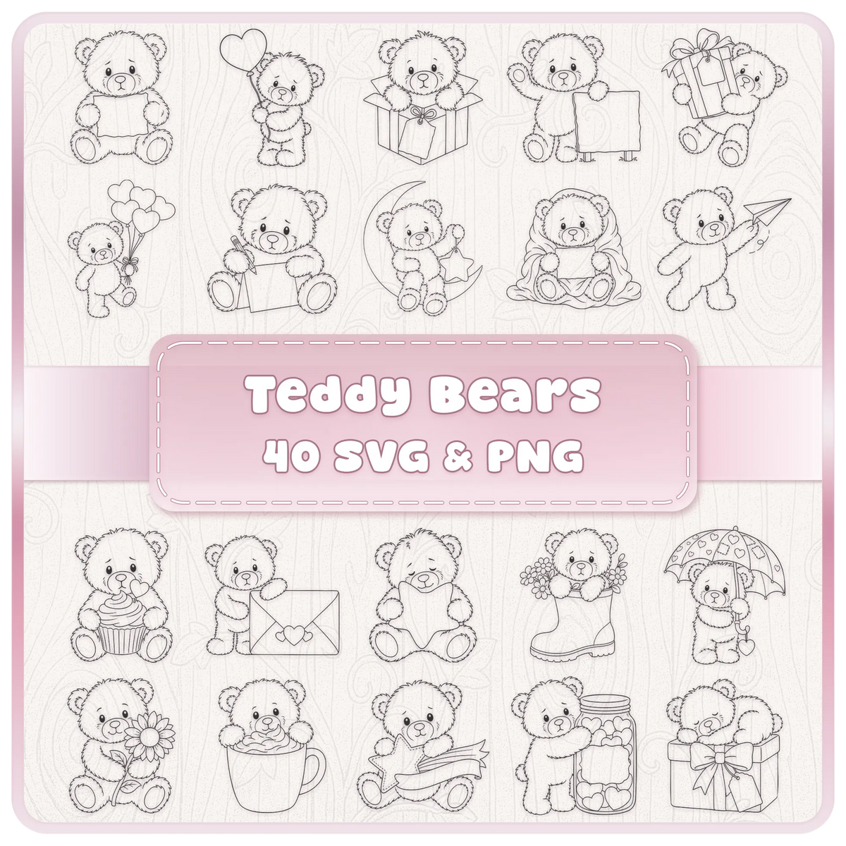 Teddy Bears SVG PNG bundle with 40 cute bear clipart designs featuring hearts, gifts, flowers, balloons and craft themes