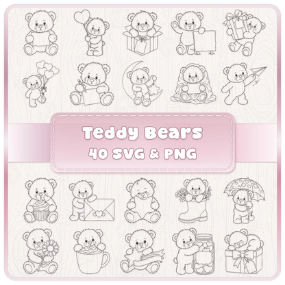 Teddy Bears SVG PNG bundle with 40 cute bear clipart designs featuring hearts, gifts, flowers, balloons and craft themes