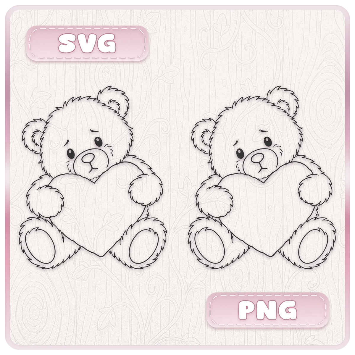 Cute teddy bear holding a heart SVG and PNG clipart example from the 40 teddy bear digital download bundle