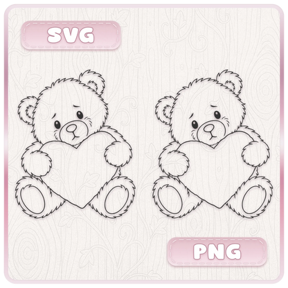 Cute teddy bear holding a heart SVG and PNG clipart example from the 40 teddy bear digital download bundle