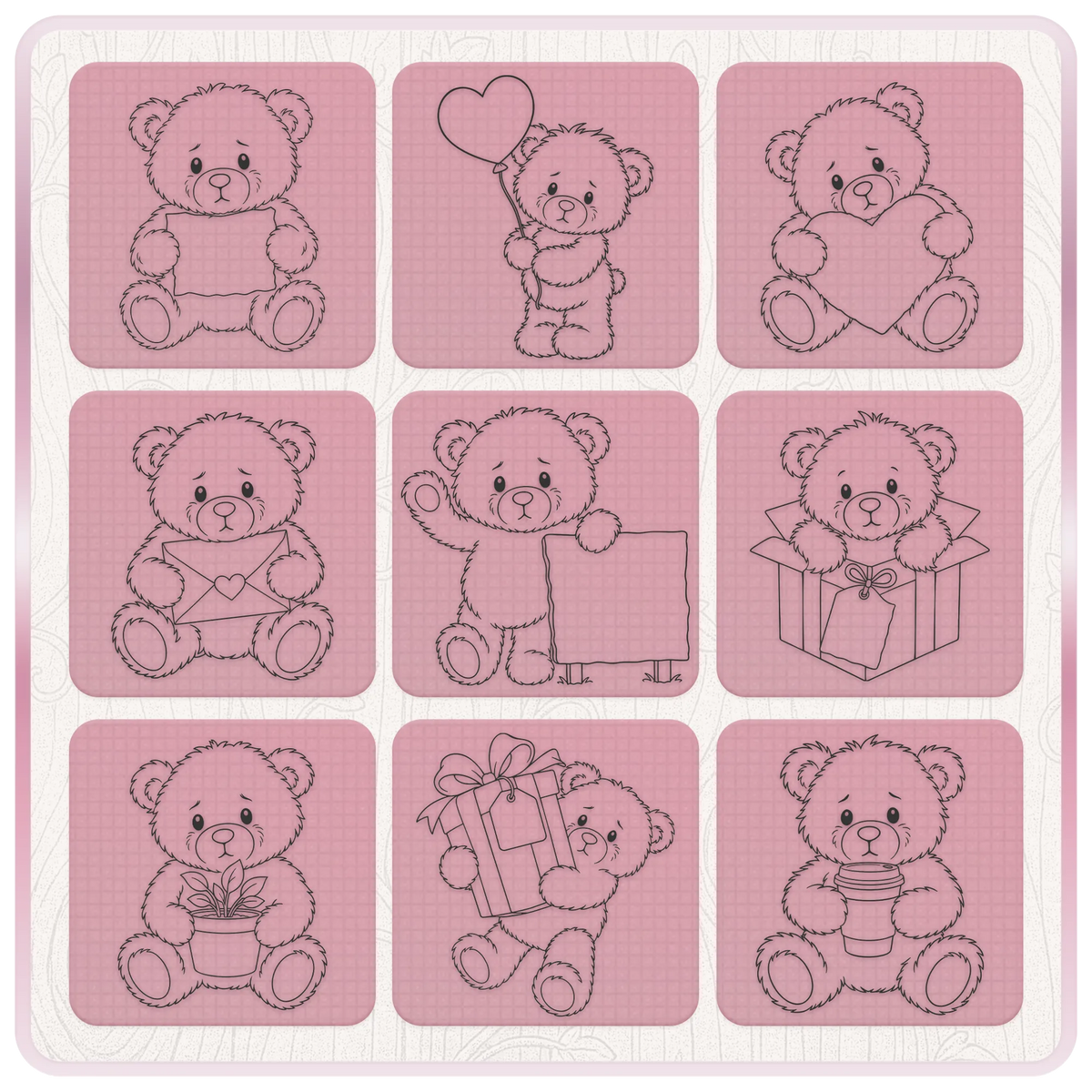 Cute teddy bear SVG clipart designs with heart balloon, envelope, gift box, plant, sign and takeaway cup
