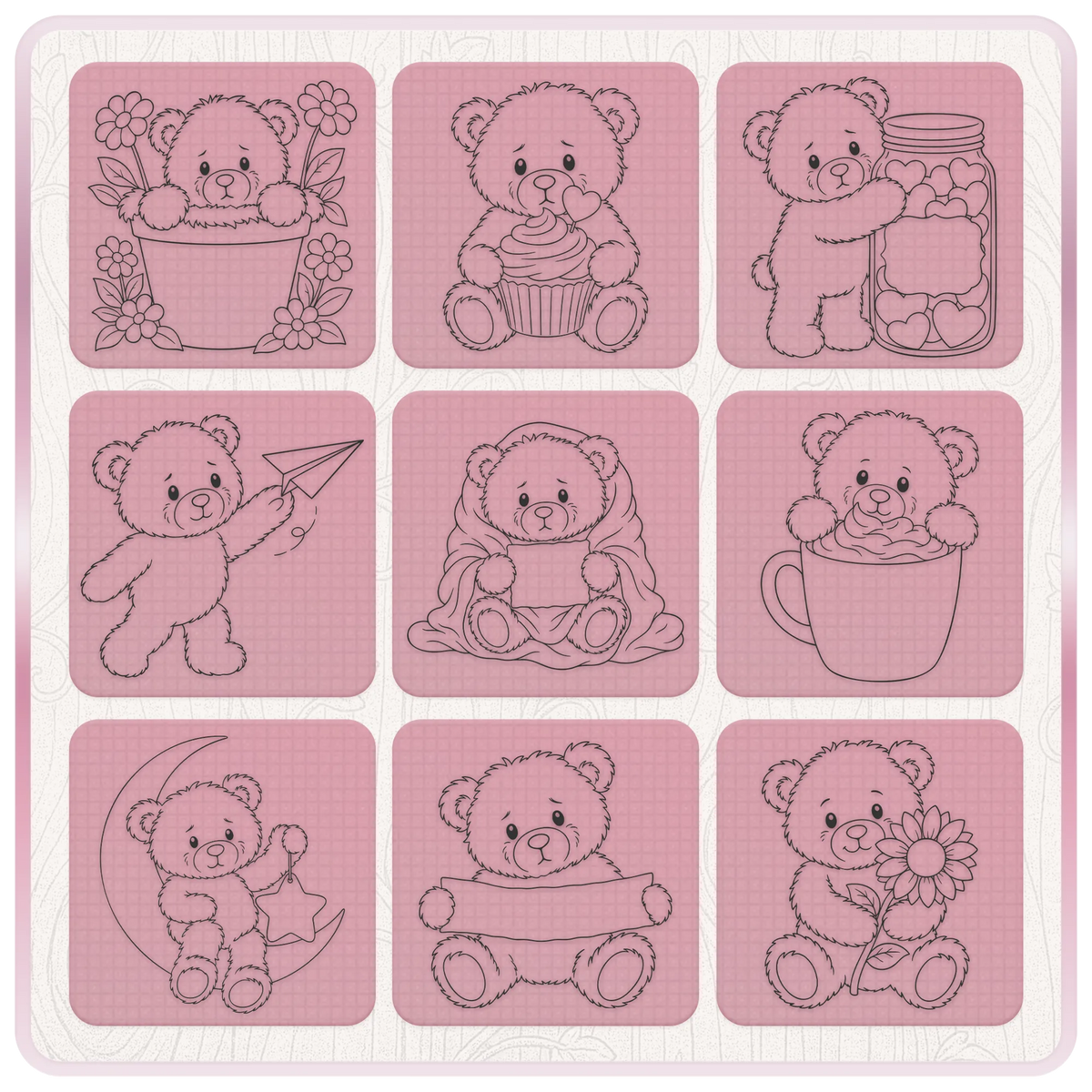 Teddy bear SVG designs featuring flowers, cupcake, heart jar, paper plane, moon, teacup and cute bear clipart