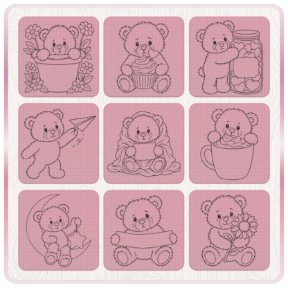 Teddy bear SVG designs featuring flowers, cupcake, heart jar, paper plane, moon, teacup and cute bear clipart