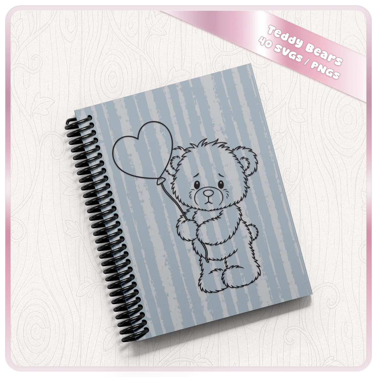 Cute teddy bear SVG with heart balloon shown on a striped notebook mockup for personalised crafts and gifts