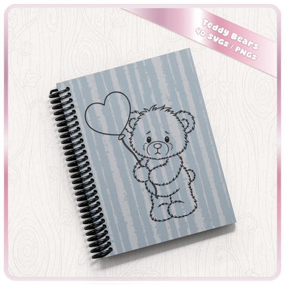 Cute teddy bear SVG with heart balloon shown on a striped notebook mockup for personalised crafts and gifts