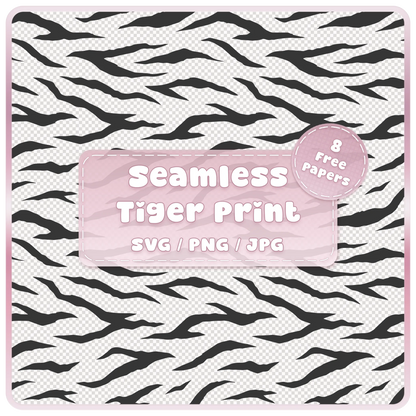 Seamless tiger animal print pattern SVG PNG JPG digital download with black tiger stripes on transparent background and pink product label.