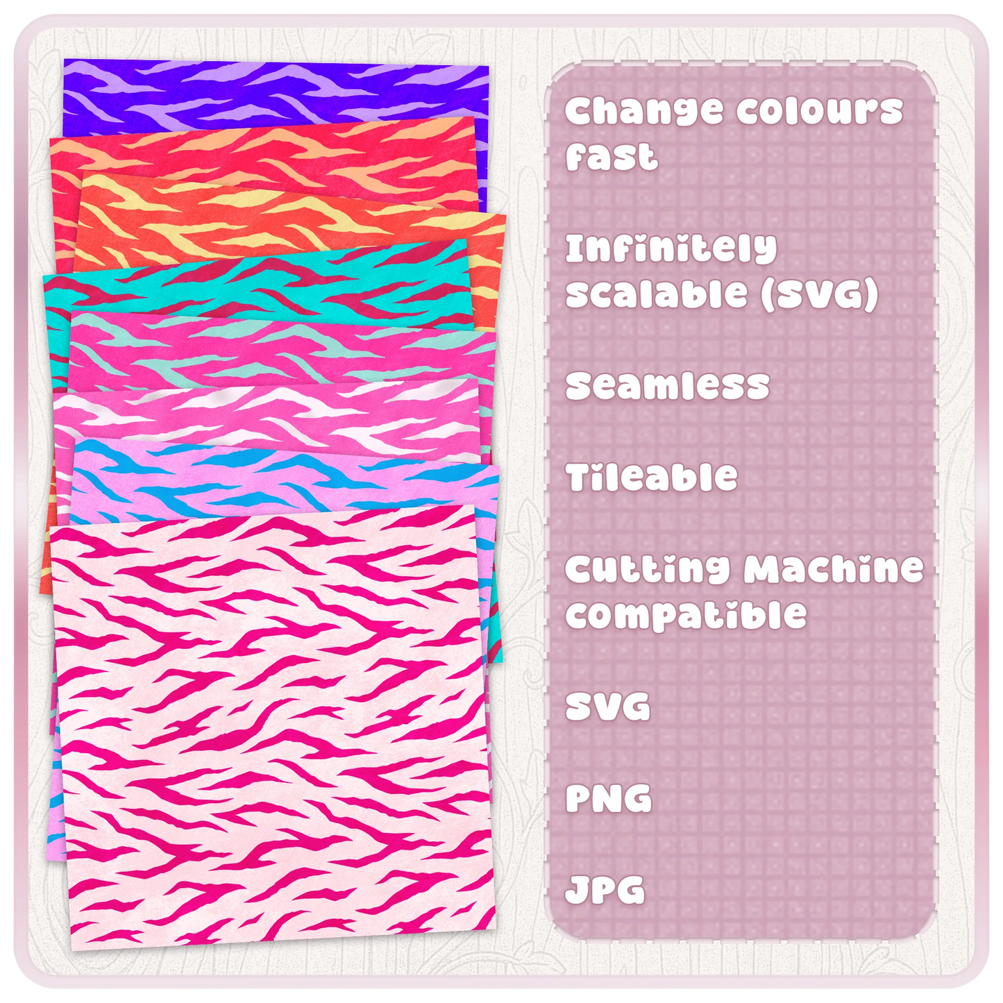 Colour examples of seamless tiger animal print pattern showing editable recolourable SVG designs for digital crafting and commercial use.