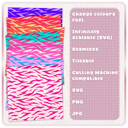Colour examples of seamless tiger animal print pattern showing editable recolourable SVG designs for digital crafting and commercial use.