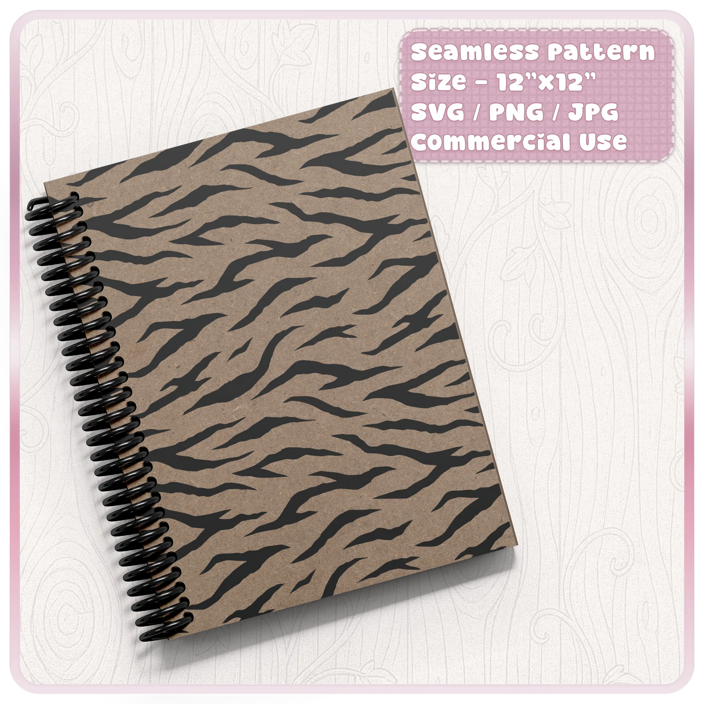 Tiger print seamless pattern displayed on a spiral notebook cover mockup for stationery, journals, planners and scrapbook projects.