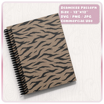 Tiger print seamless pattern displayed on a spiral notebook cover mockup for stationery, journals, planners and scrapbook projects.