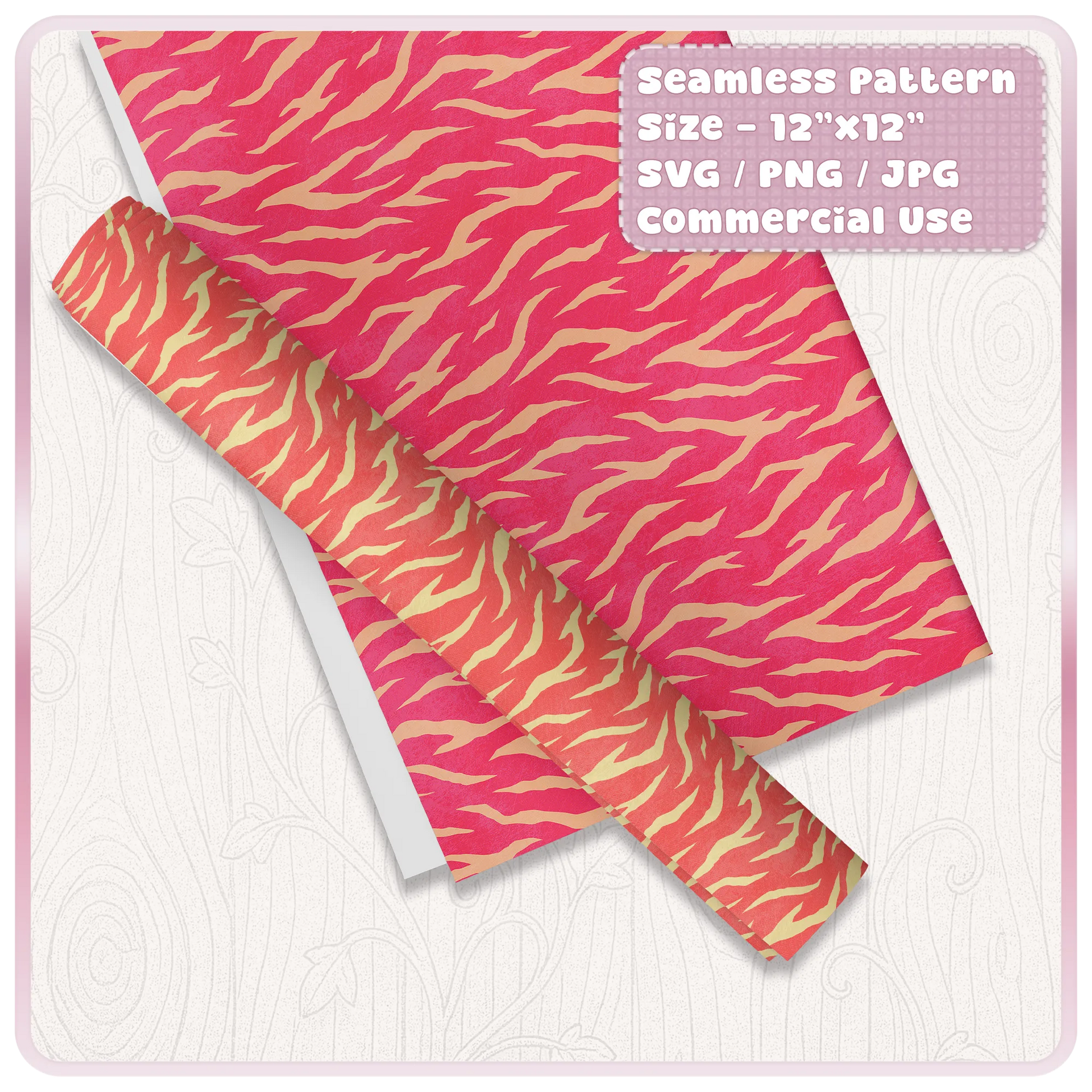 Red and cream seamless tiger stripe pattern shown on digital paper and wrap mockup for sublimation, packaging and craft designs.