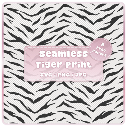 Seamless tiger animal print pattern SVG PNG JPG digital download with black tiger stripes on transparent background and 8 free colour example papers.