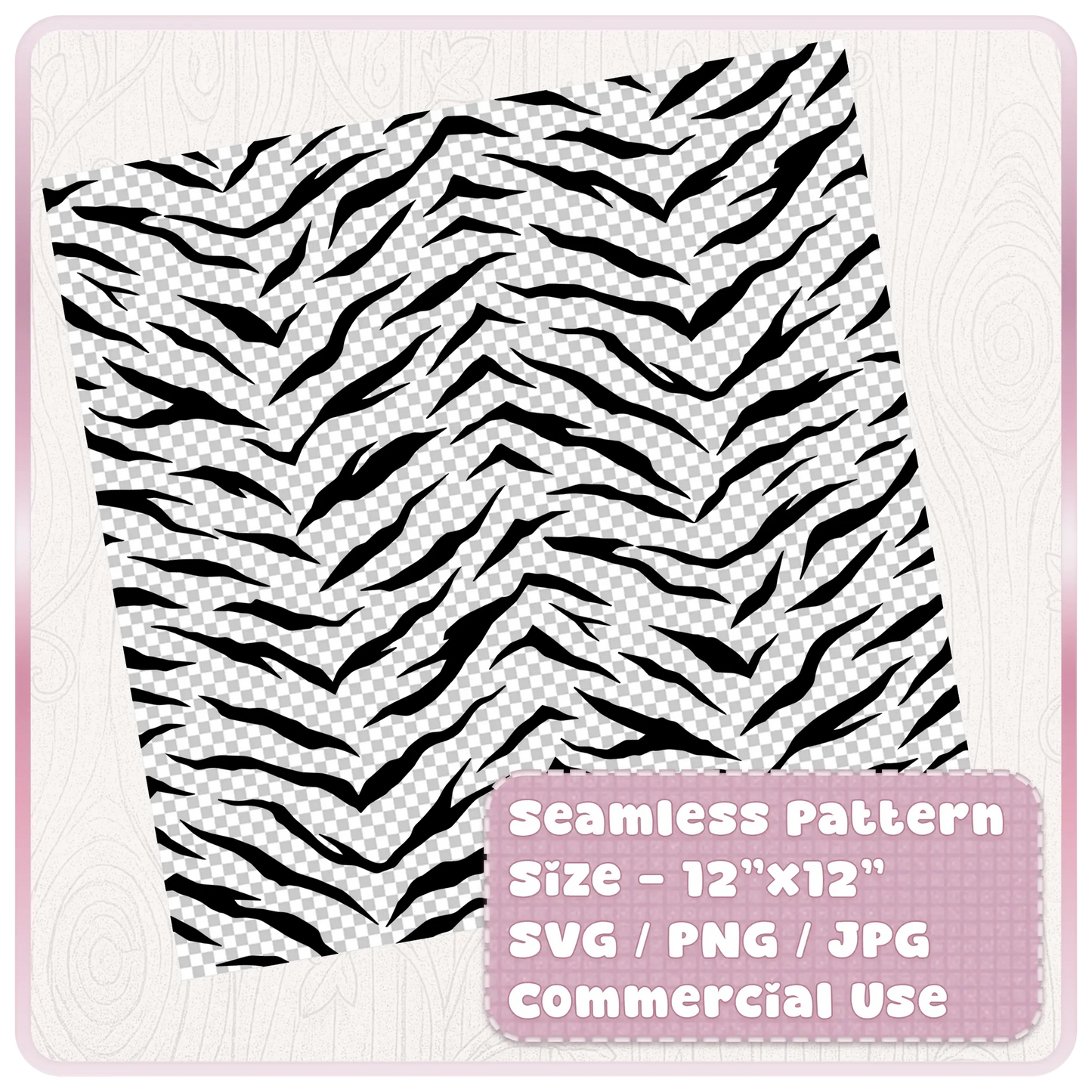 Tileable seamless tiger stripe pattern digital paper shown on a 12x12 sheet with SVG PNG JPG formats for crafts and commercial use.