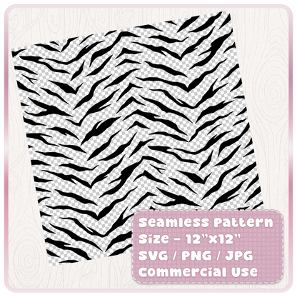Tileable seamless tiger stripe pattern digital paper shown on a 12x12 sheet with SVG PNG JPG formats for crafts and commercial use.