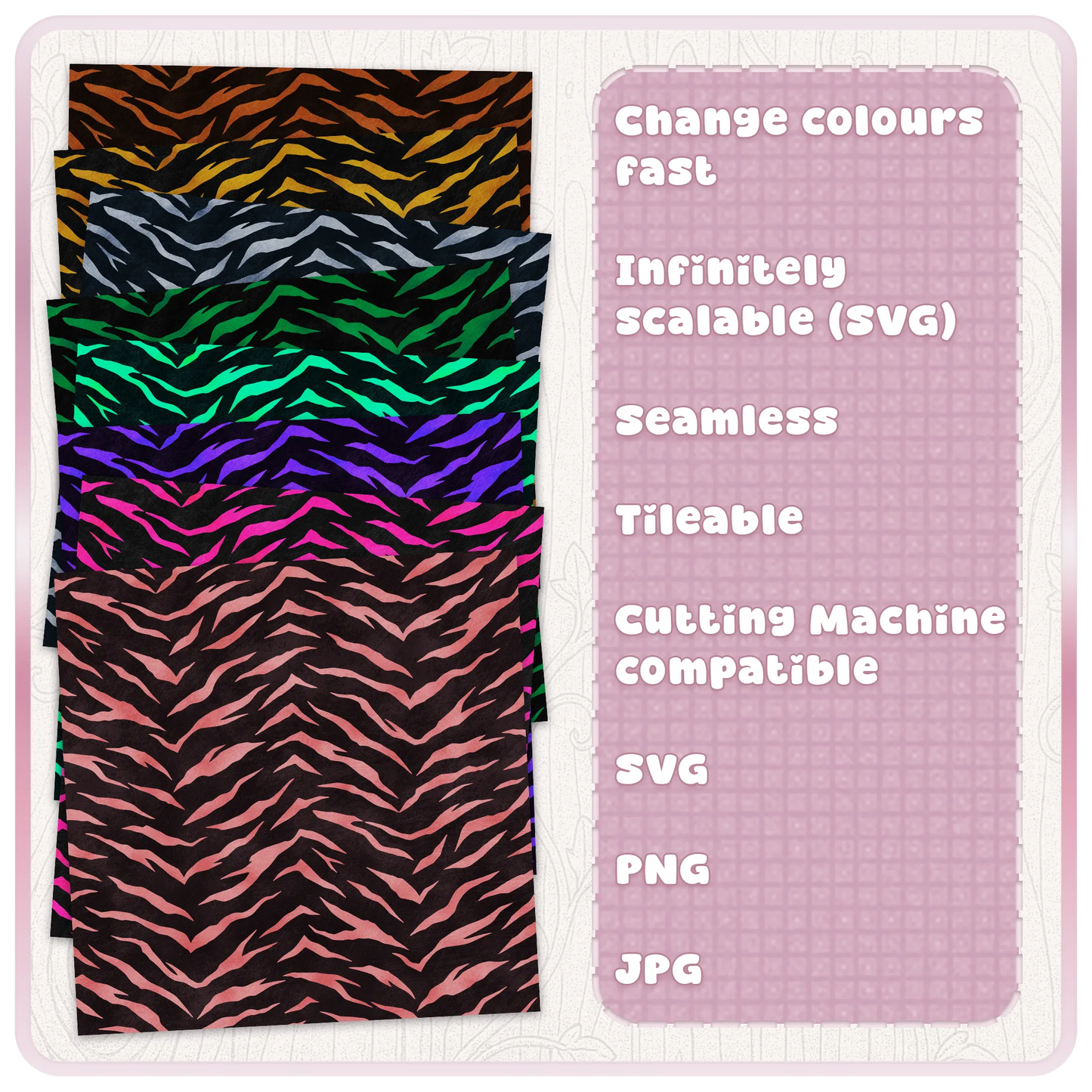 Tiger print seamless pattern colour examples with recolourable SVG file, scalable animal print design, PNG and JPG digital download.
