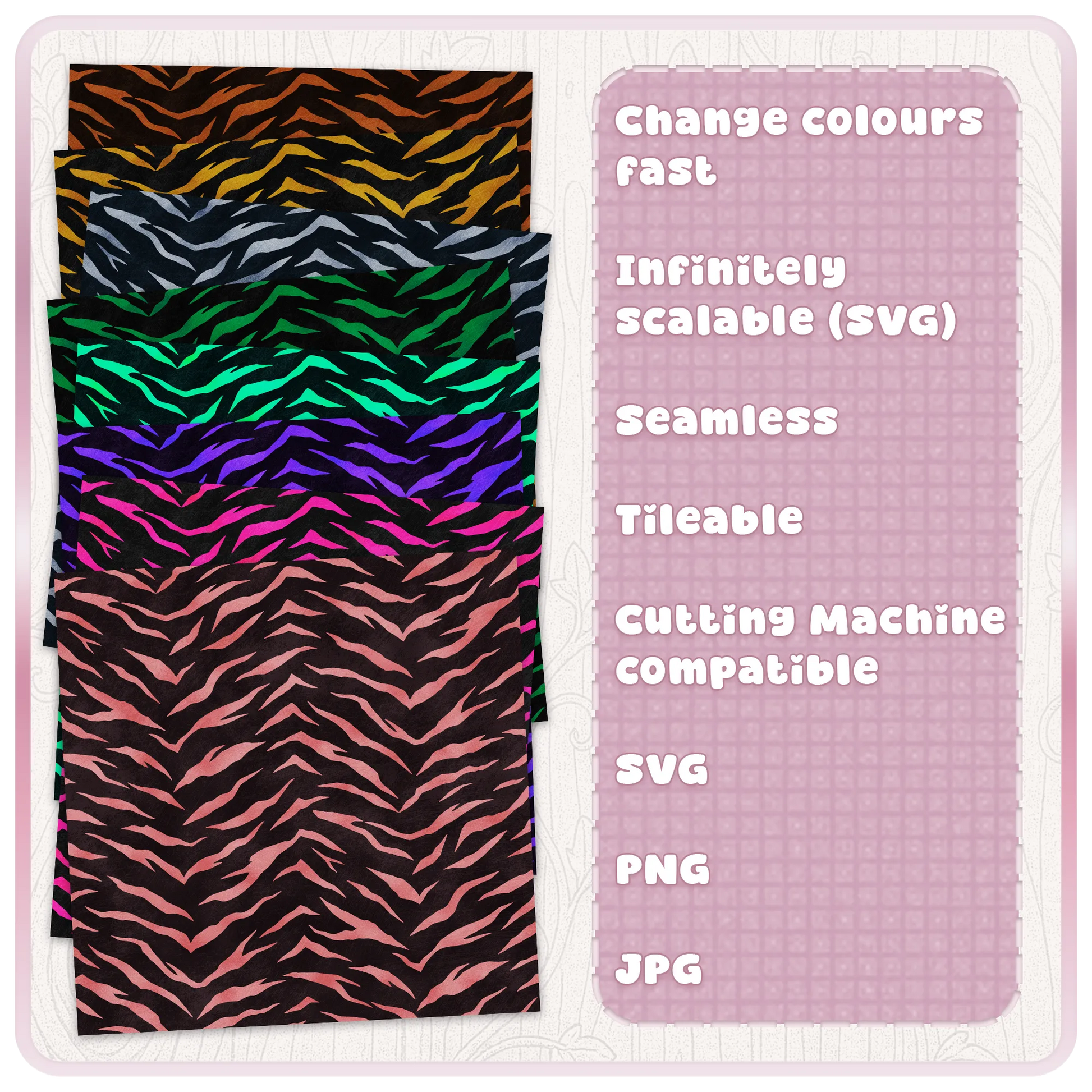 Tiger print seamless pattern colour examples with recolourable SVG file, scalable animal print design, PNG and JPG digital download.