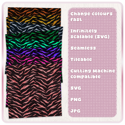 Tiger print seamless pattern colour examples with recolourable SVG file, scalable animal print design, PNG and JPG digital download.