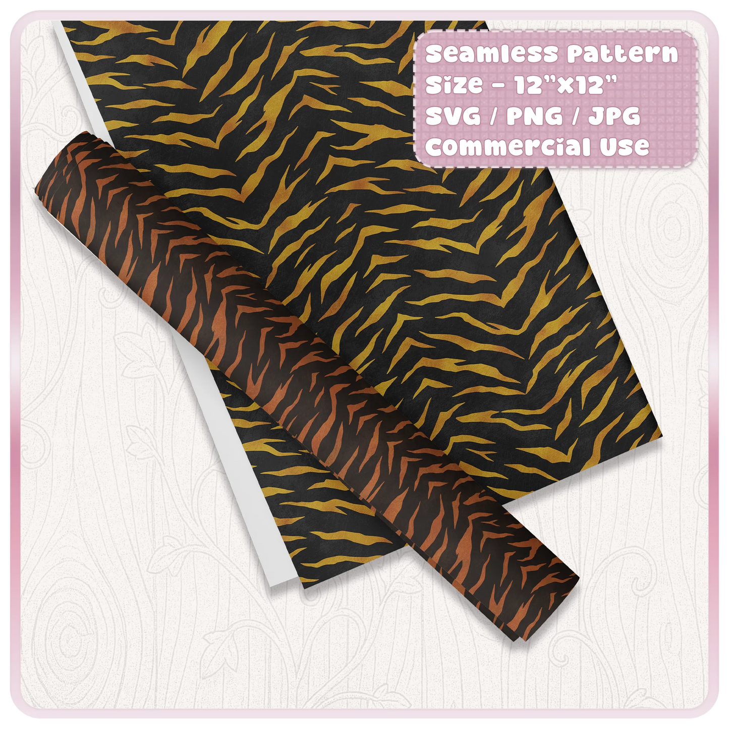 Tiger stripe seamless pattern mockup on wrapping paper with gold and brown animal print colour options for printable design projects.