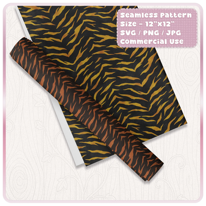 Tiger stripe seamless pattern mockup on wrapping paper with gold and brown animal print colour options for printable design projects.