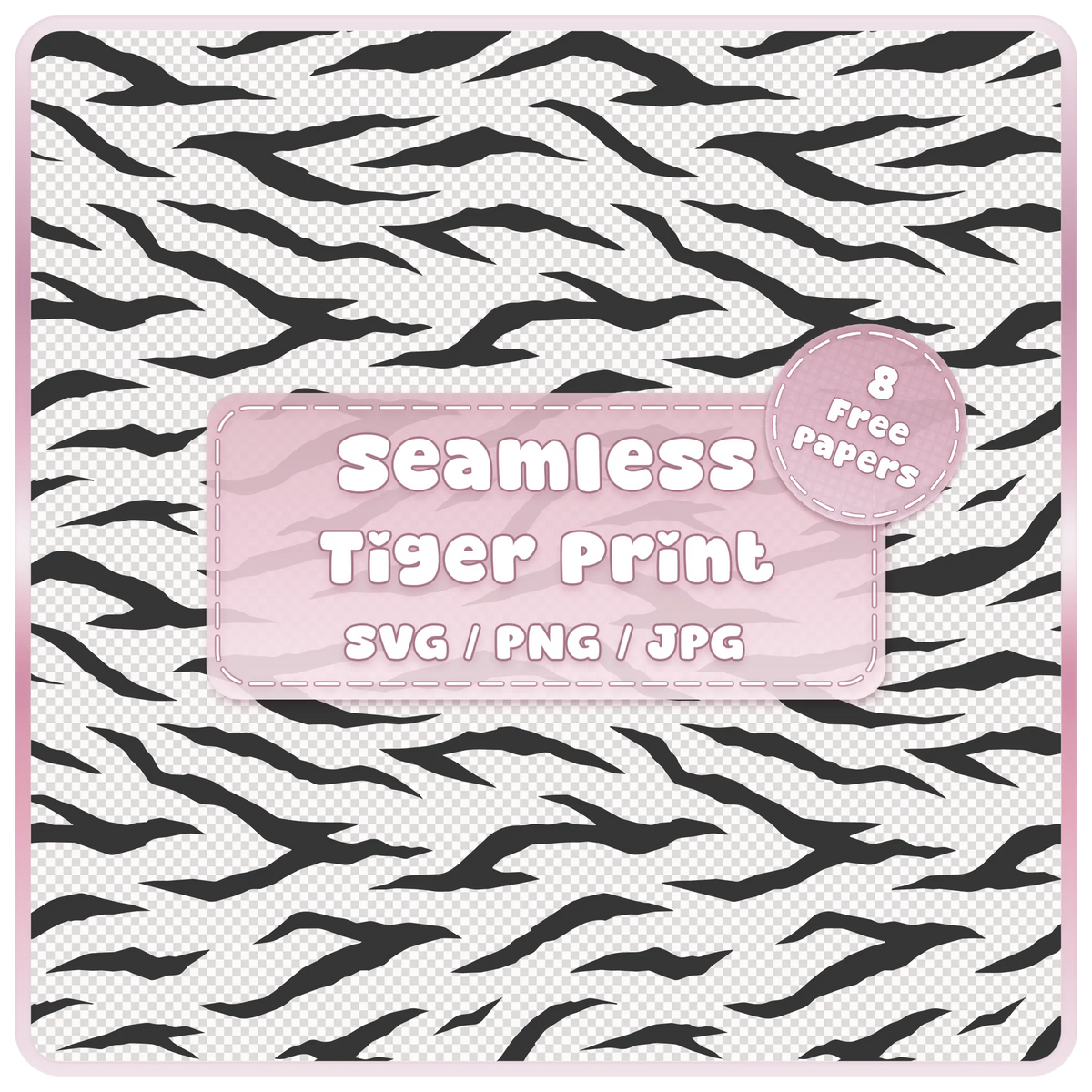 Seamless tiger print pattern SVG PNG JPG digital download with black tiger stripes and 8 colour examples
