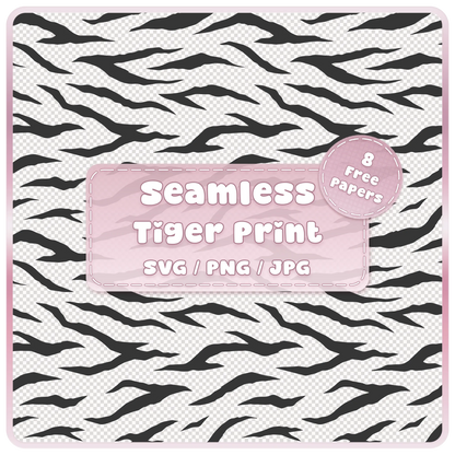 Seamless tiger print pattern SVG PNG JPG digital download with black tiger stripes and 8 colour examples