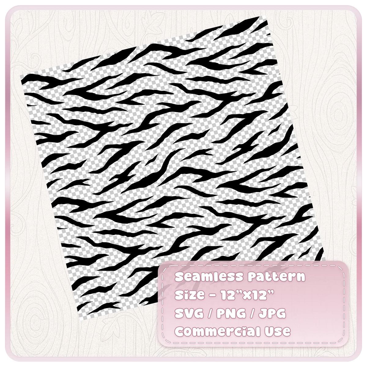Black seamless tiger stripe SVG pattern on transparent background showing a 12 by 12 inch repeating animal print