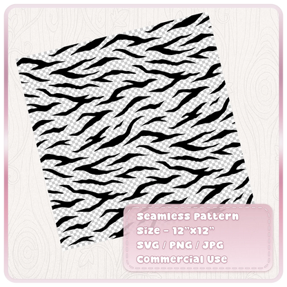 Black seamless tiger stripe SVG pattern on transparent background showing a 12 by 12 inch repeating animal print