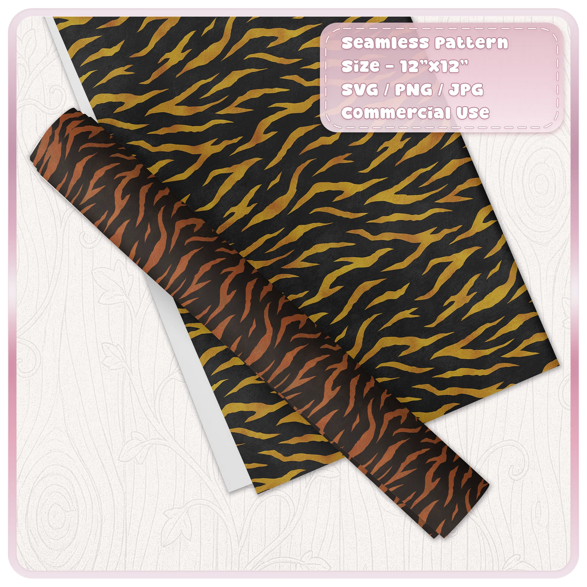 Gold and rust seamless tiger print pattern shown on decorative paper and wrapping paper mockup