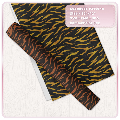 Gold and rust seamless tiger print pattern shown on decorative paper and wrapping paper mockup
