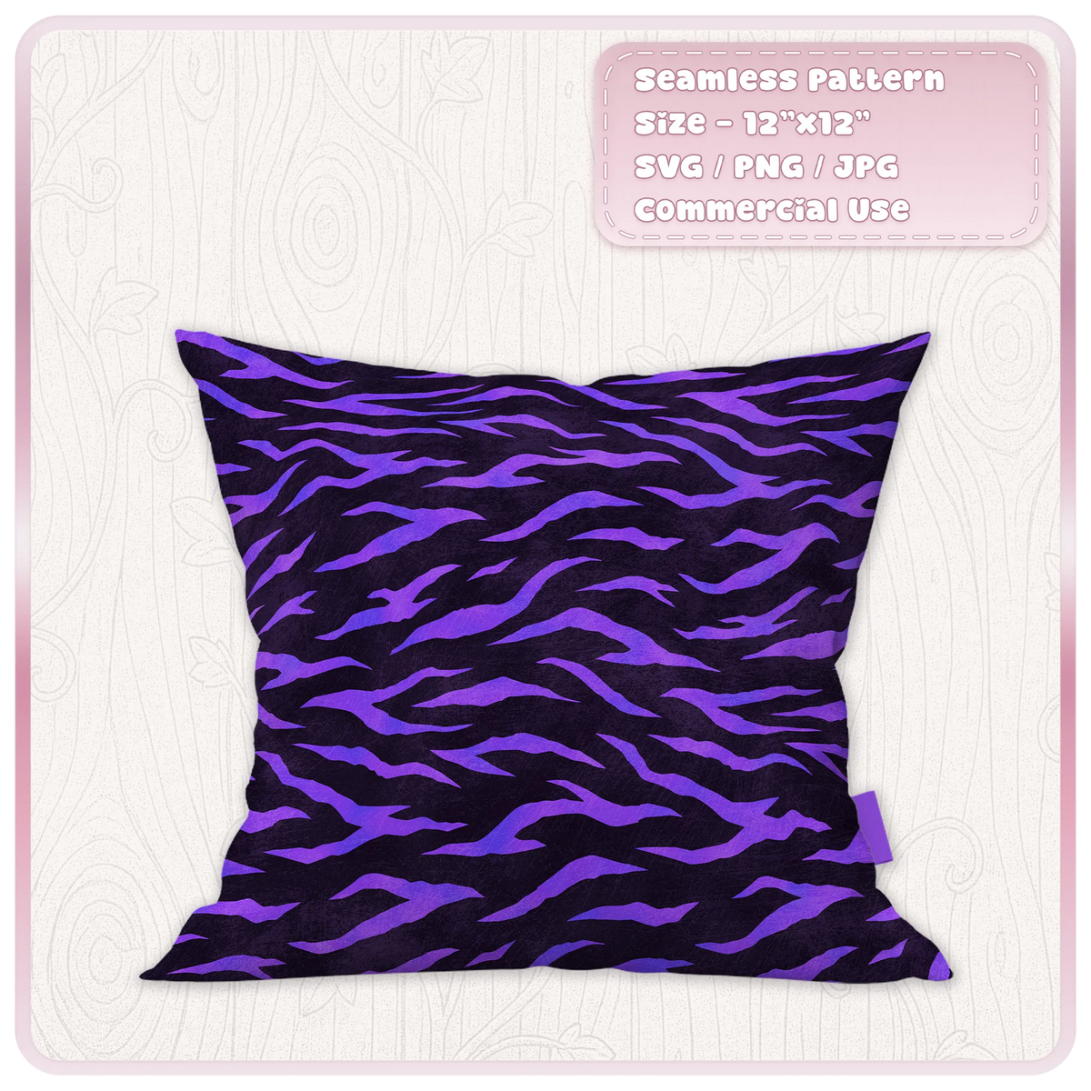 Purple seamless tiger print pattern displayed on cushion mockup for fabric and home decor projects