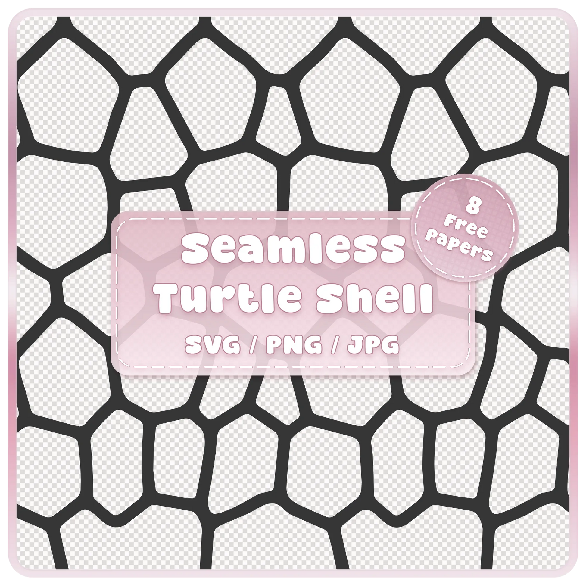 Seamless turtle shell SVG PNG JPG digital download with black reptile animal print pattern and pink product label showing 8 free papers.