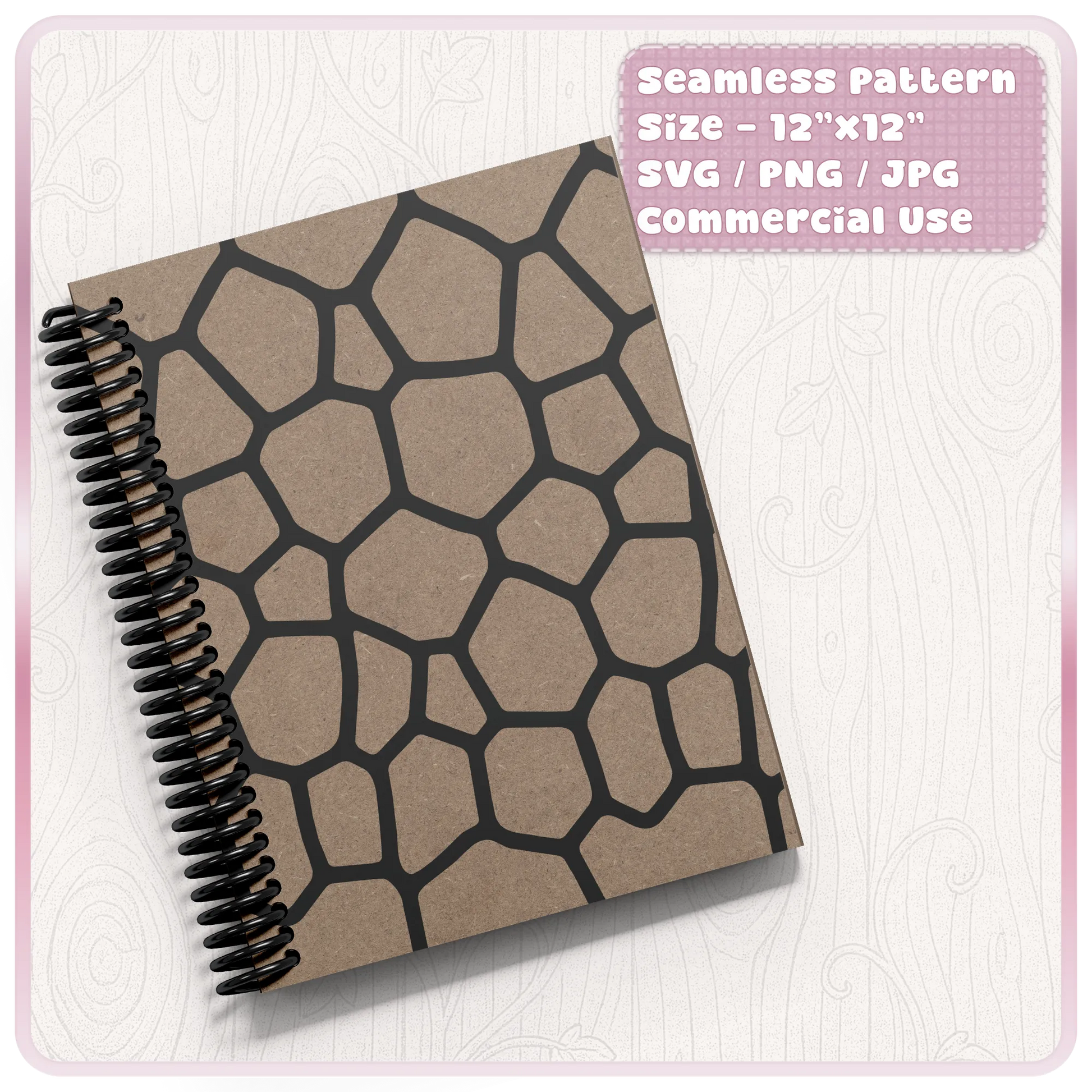 Seamless turtle shell pattern shown on a notebook cover mockup, SVG PNG JPG digital download for commercial craft use.