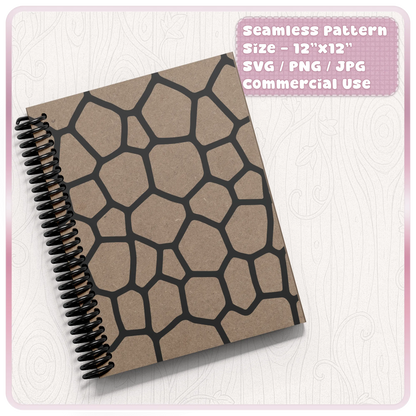Seamless turtle shell pattern shown on a notebook cover mockup, SVG PNG JPG digital download for commercial craft use.