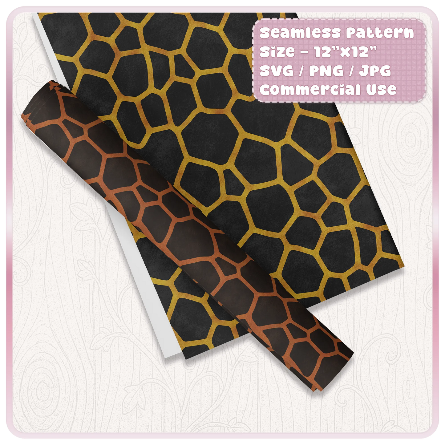 Turtle shell animal print seamless pattern shown on paper and vinyl roll mockups, tileable SVG PNG JPG design for crafts and sublimation.