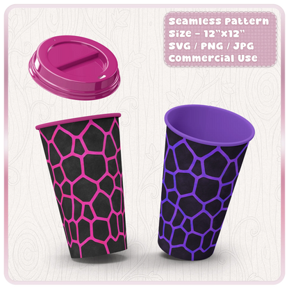 Seamless turtle shell reptile print pattern displayed on takeaway cup mockups, PNG JPG SVG digital download for Cricut and product design.
