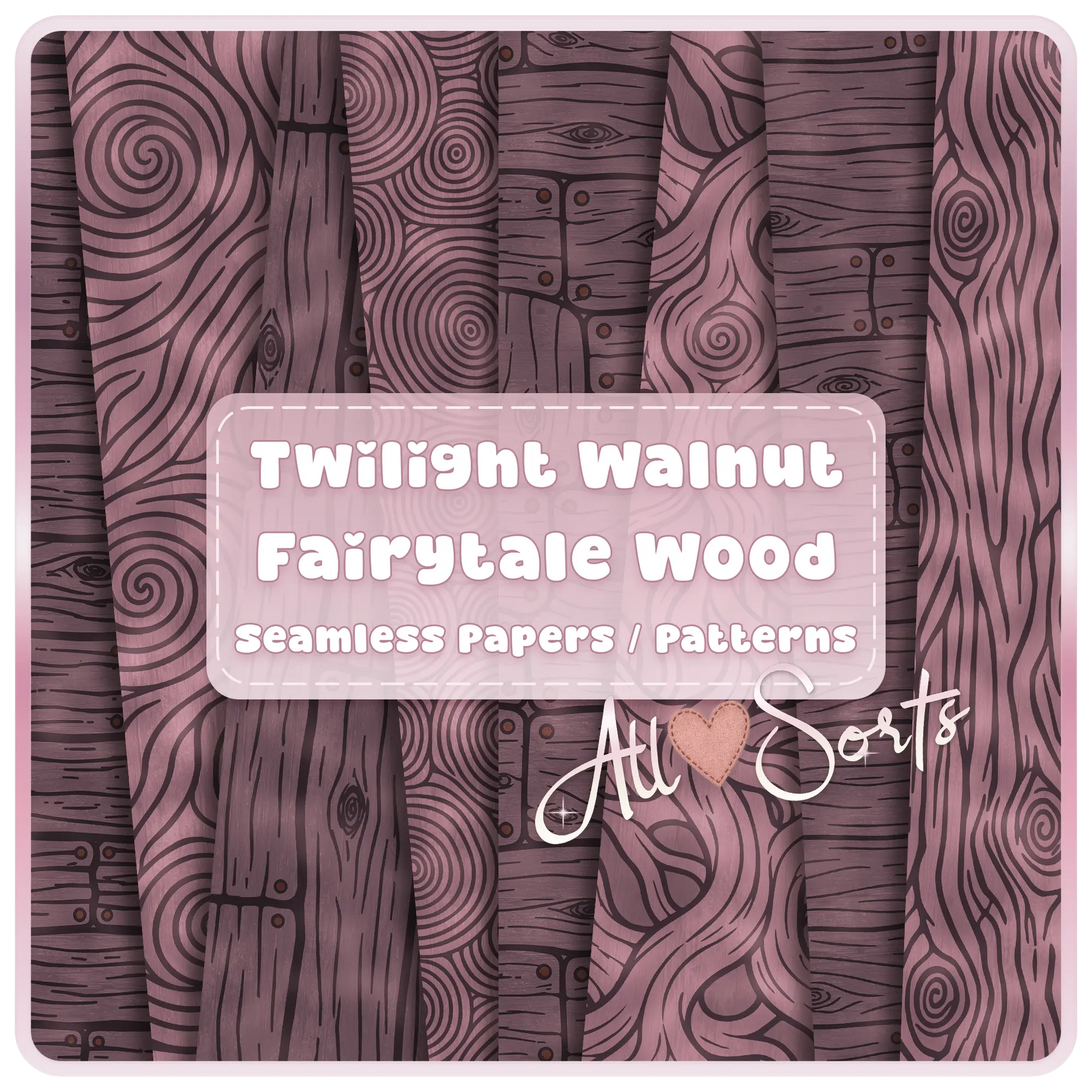 Twilight Walnut Fairytale Wood seamless digital paper pack preview showing mauve walnut wood grain, rustic planks, fantasy swirls, and 16 JPG pattern bundle text.