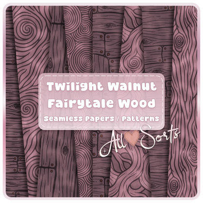 Twilight Walnut Fairytale Wood seamless digital paper pack preview showing mauve walnut wood grain, rustic planks, fantasy swirls, and 16 JPG pattern bundle text.